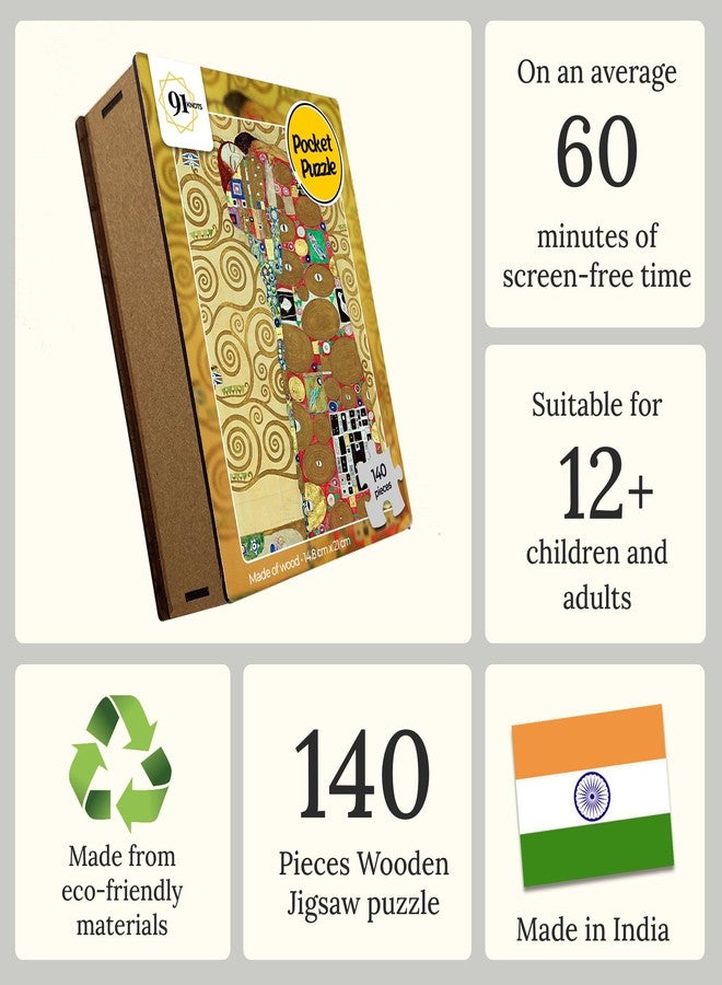 91Knots | The Tree of Life by Gustav Klimt - 140pcs Premium Wooden Puzzle | Artistic Pocket Jigsaw for Adults & Kids 5+ | Ideal Travel Friendly Gift | L’Arbre de Vie - Image 3